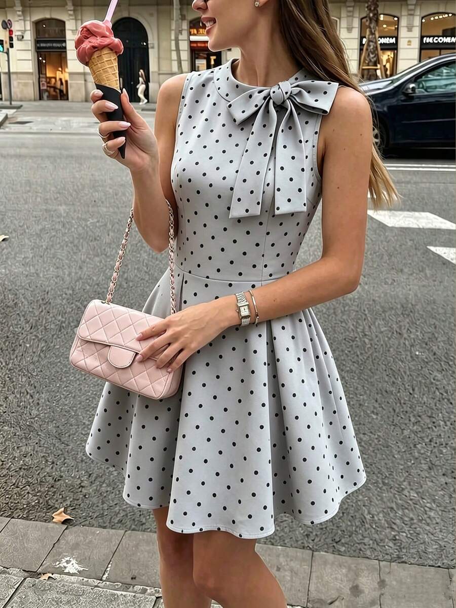 SHEIN PariChic 女款淺灰色夏季洋裝,70年代復古茶會風,優雅蝴蝶結領修身工作套裝迷你裙,休閒商務辦公畢業穿著 - 灰色 - 查看 1