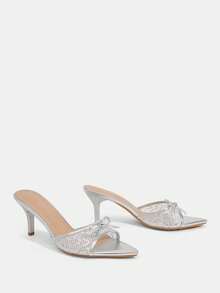 CUCCOO TILAWA Women's Fashion Light Silver Rhinestones, Satin Pointed High-Heeled Sandals, Commuting, Parties, Vacations, Spring And Summer Stiletto Slippers - Light silver. - View 3