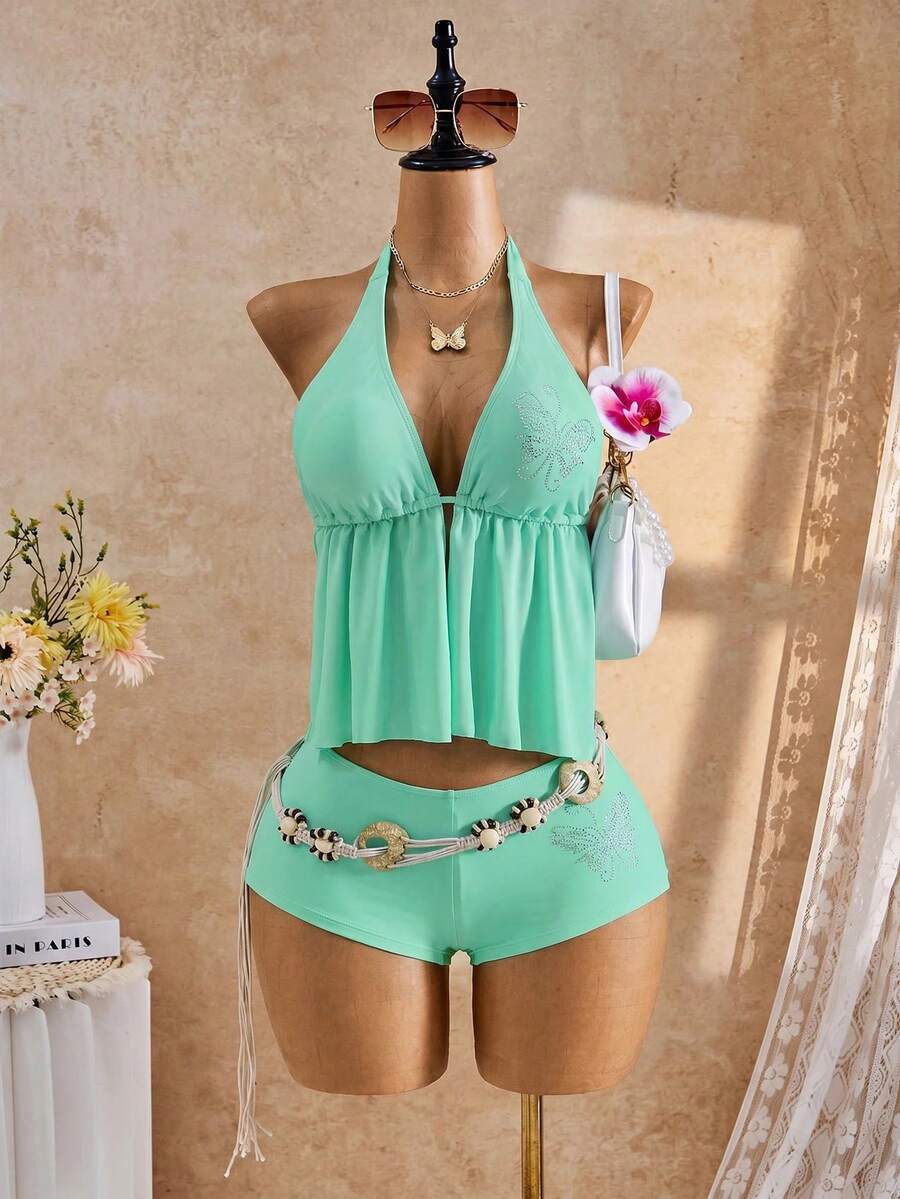 26SS Spring/Summer Vacation Beach Rhinestone Butterfly Pattern Halter Tankini Set - Mint Green - View 1