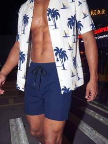 Manfinity KASUA Men's Simple And Fashionable Beach Outfit - Short Sleeve Shirt And Shorts, Suitable For Summer Man Swim Trunks, Hawaiian, Men 2 Piece Set Vacation, Men Beach Outfit Set, Men Resort Wear, Men S Palm Tree Shirt, Men Tropical Print Shirt - Blue and White - View 5