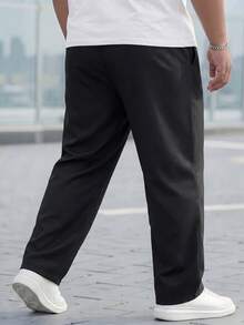 Manfinity Homme 大码男士休闲纯色抽绳运动裤，宽松直筒休闲黑色休闲裤，秋季 - 黑色 - 查看 2