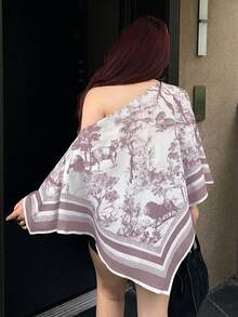 Vibekara Plus Size Women's White Summer Elegant Tea Party Printed Asymmetric Collar Batwing Sleeve Blouse,Retro Sunset Holiday Loose Fashion Hem Top,Casual - Khaki - View 2
