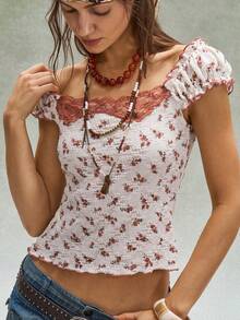 Bohemela Women's Retro Floral Lace Patchwork Batwing Sleeve T-Shirt - Multicolor - View 5