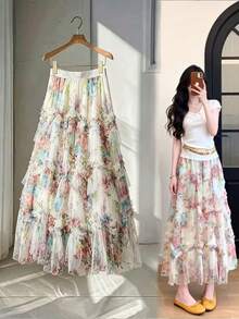 Qadelle Chân váy voan nhiều lớp in hoa thanh lịch - Nhiều màu - Xem 1