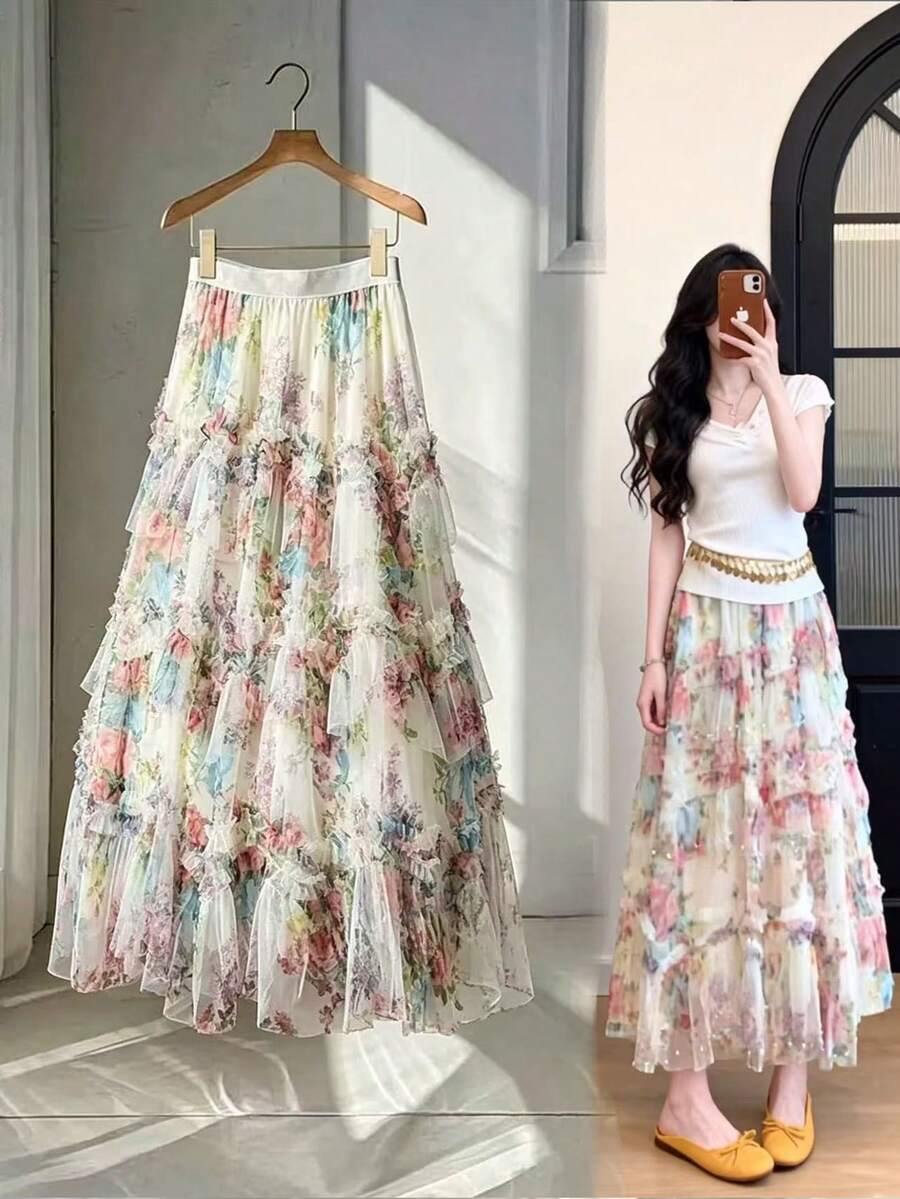 Qadelle Chân váy voan nhiều lớp in hoa thanh lịch - Nhiều màu - Xem 1