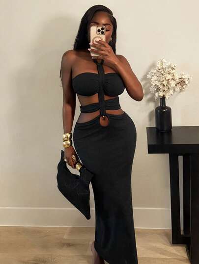 BamGleam Women's Sexy Hollow-Out Bodycon Slit Maxi Dress