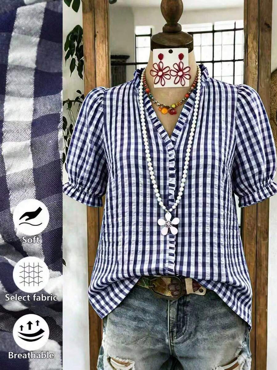 Linhara Plaid Ruffle V-Neck Blouse For Women, Puff Sleeve Casual Top, Plus Size Summer New Arrival - Navy Blue - View 1