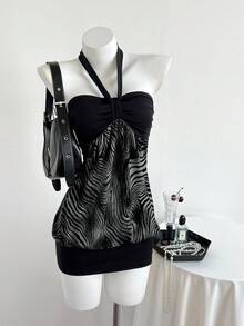 Elamini Vestido de mujer sin tirantes con bloque de color y estampado de leopardo fruncido - Gris Oscuro - Ver 4