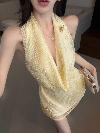 DAZY Spring & Summer Sheer Mesh Fabric Metal Buckle Decor Yellow Short Mini Dress For Women