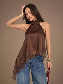 SHEIN PETITE Women's Lace Patchwork Halter Backless Sexy Versatile Top For Dates & Outings,Summer Top ,Petite Women - Coffee Brown - View 4