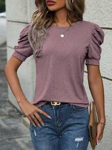 EMERY ROSE Women's Solid Color Round Neck Short Puff Sleeve Casual T-Shirt - Red Violet - View 3