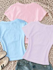 3pcs Set Cute Dopamine Floral Plant Print Tees,Pink,Purple,Cream,Short Sleeve Crew Neck Basic Fitted T-Shirts,Teen Girl Summer Vacation Holiday Outfit - Multicolor - View 2