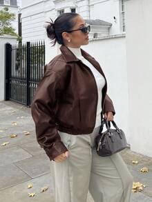 NegzBox Chaqueta de mujer de manga larga con solapa de unicolor y PU, chaqueta de cuero de otoño - Rojo - Ver 4