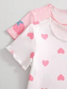 SHEIN 4 Peças Conjunto de Pijama Curto de Malha com Estampa de Morango e Coração para Meninas - Multicolorido - Visão 4