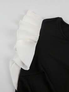 SHEIN Franclia 女款夏季新款通勤日常修身顯腰身緊身圓領荷葉袖拼色長洋裝 - 黑色 - 查看 6