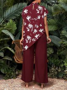 SHEIN Lady 女款立領短袖不對稱下擺休閒夏季兩件套 - 酒紅色 - 查看 2