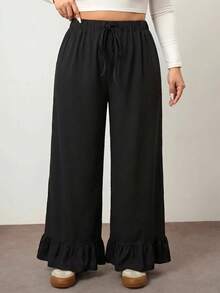 Enliva Plus Size Women's Black Ruffle Elastic Waist Wide Leg Pants, Suitable For Daily, Vacation, And Casual Wear - Black - View 5