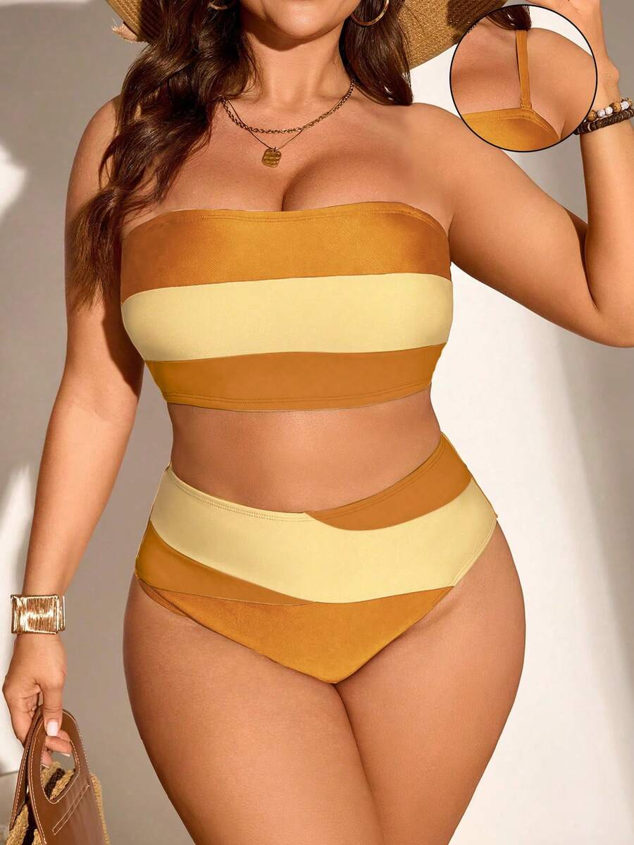 Swim Chiccia Plus Size Summer Vacation Beach Gym Contrast Color Bandeau Bikini Set - Yellow - View 1