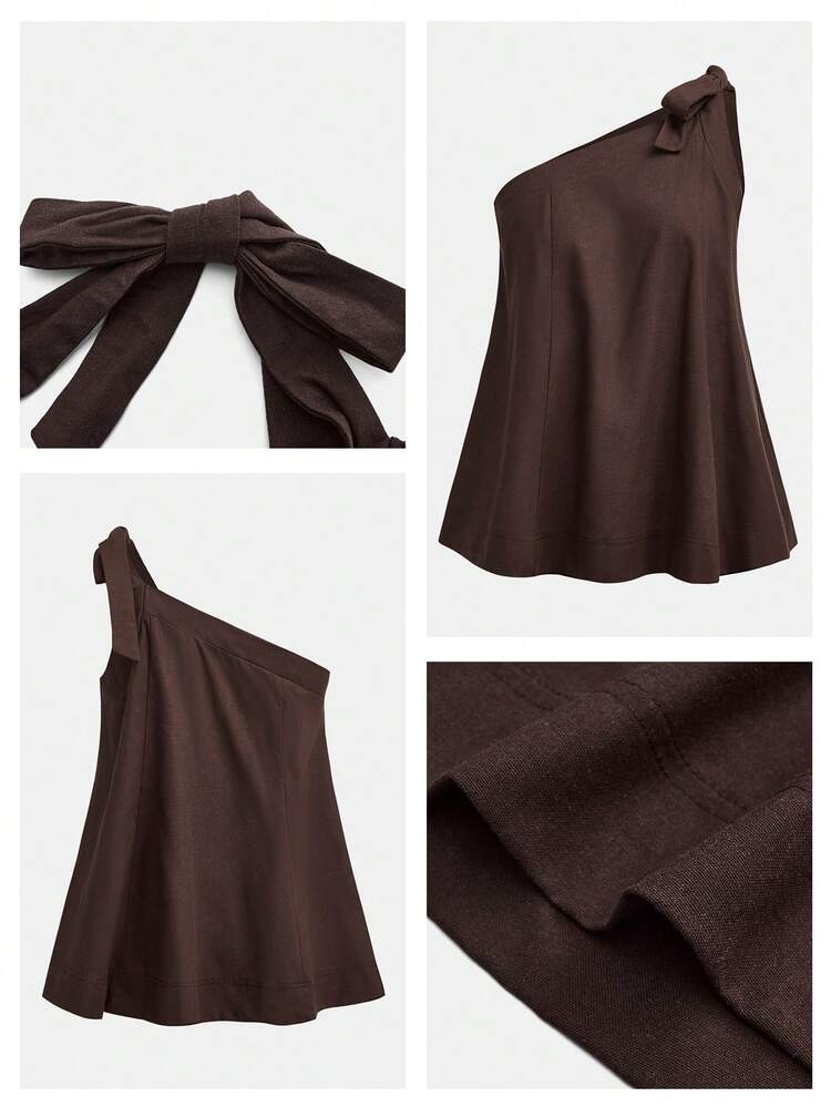 SHEIN Maija Women's Dark Brown Loose Tie Shoulder Vest,Comfortable Cotton Linen Fabric Contrast Color Stripe,Casual Chic Summmer Beach Night Out Date Brunch Style