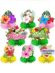 8 PIEZAS Centros de mesa de papel de panal de estilo hawaiano Luau Flores de hibisco tropical multicolor Decoraciones de mesa para fiesta de cumpleaños Luau Suministros para el hogar Decoración Regalo - D - Ver 1
