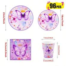 Juego desechable de platos, servilletas y vasos de papel con corona de mariposa morada, sirve para 24 invitados. Este juego de vajilla desechable de papel es adecuado para cumpleaños, bodas, fiestas temáticas y picnics familiares. - Ver 9
