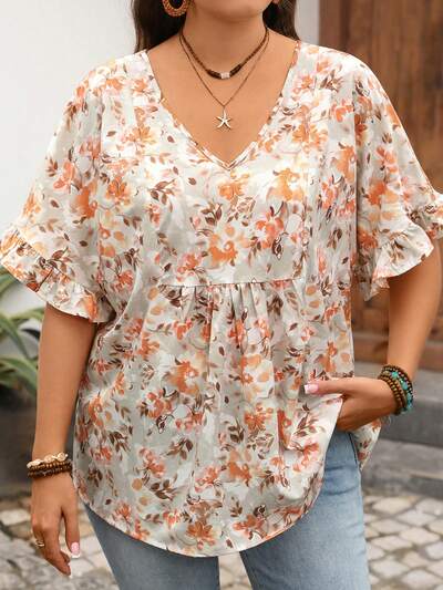 Plus Size Women Summer Casual Printed V-Neck Blouse