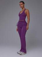 Active Purple Plunge V Neck Racer Back Cropped Top With Ruched Tie Side Foldover Waist Fitted Flare Leggings