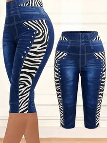 Ellevyn Quần legging nữ cạp cao hiệu ứng denim họa tiết ngựa vằn dài 7/8 - Màu xanh lam - Xem 3