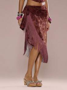 MUSERA Devore Paisley Print Fringe Sarong Tie Side Skirt Only Summer Holiday Vacation Beach Ibiza Cute Festival Elegant Sexy Cherry Moon Burgundy Red - Burgundy - View 2