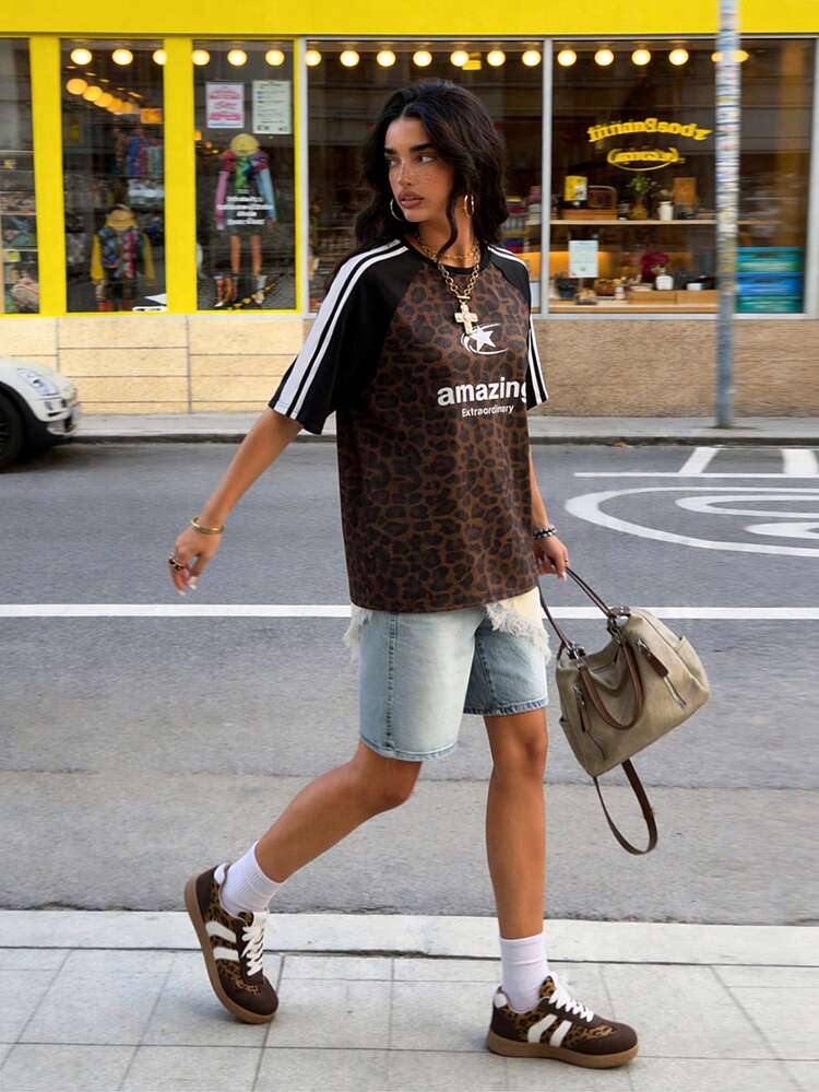 Muchica Women's  Jersey This Casual And Simple Leopard Print Crew Neck Short-Sleeved Loose-Fitting T-Shirt Is Perfect For Summer Wear, Featuring Contrasting White Webbing And Striped Sleeves. A World Cup-Themed T-Shirt, It Adds A Retro, Preppy, Classic, Fashionable, Youthful, And Street-Style Vibe. The Smooth And Comfortable Fabric Makes It An Ideal Choice For Autumn And Summer.,Summer Top - Multicolor - View 5