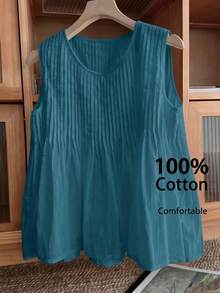 SHEIN LUNE Plus Size Summer Casual Solid Color Round Neck Textured Tank Top - Blue - View 1