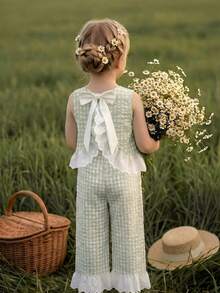 Emery Rose Kids Emery Rose Kids 2件組少女編織對比色格紋荷葉邊飾休閒背心與長褲套裝 - 綠色 - 查看 4