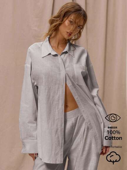 Light Blue Cotton Light Grey Oversized Long Sleeved Shirt