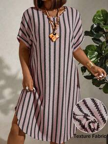 Linhara CURVE Plus Size Women's Knitted Jacquard Contrast Stripe Round Neck Short Sleeve Pullover Dress,Dusty Pink,Summer,Boho,Vacation,Holiday,Mid-Length - Pink - View 1