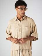 Oversized Cropped Button-Down Short Sleeve Shirt With Dual Chest Pockets Textured Woven Summer Holiday