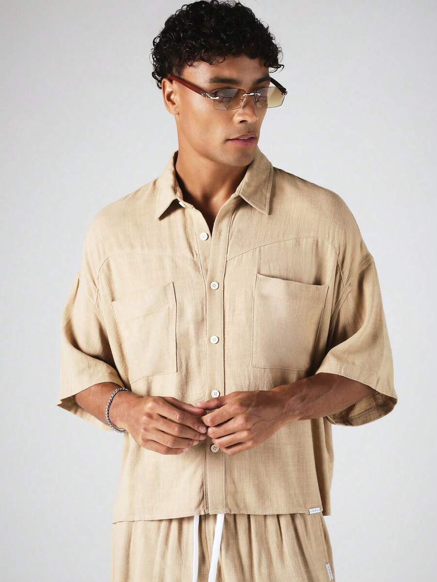 SUMWON Oversized Cropped Button-Down Short Sleeve Shirt With Dual Chest Pockets Textured Woven Summer Holiday - Khaki - View 1