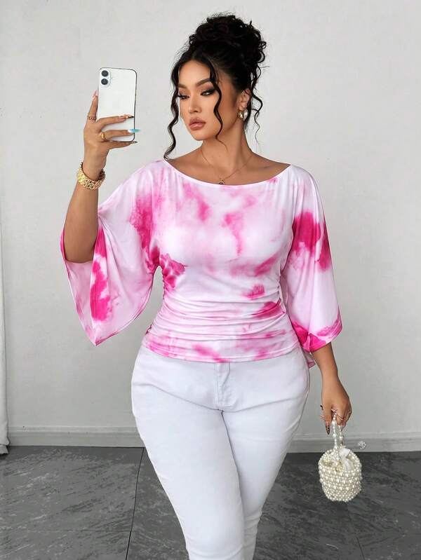 SHEIN Elenzya Áo thun nữ cỡ lớn, chất liệu dệt kim co giãn cao, tay chuông, cổ tròn, màu trơn, kiểu dáng thanh lịch.