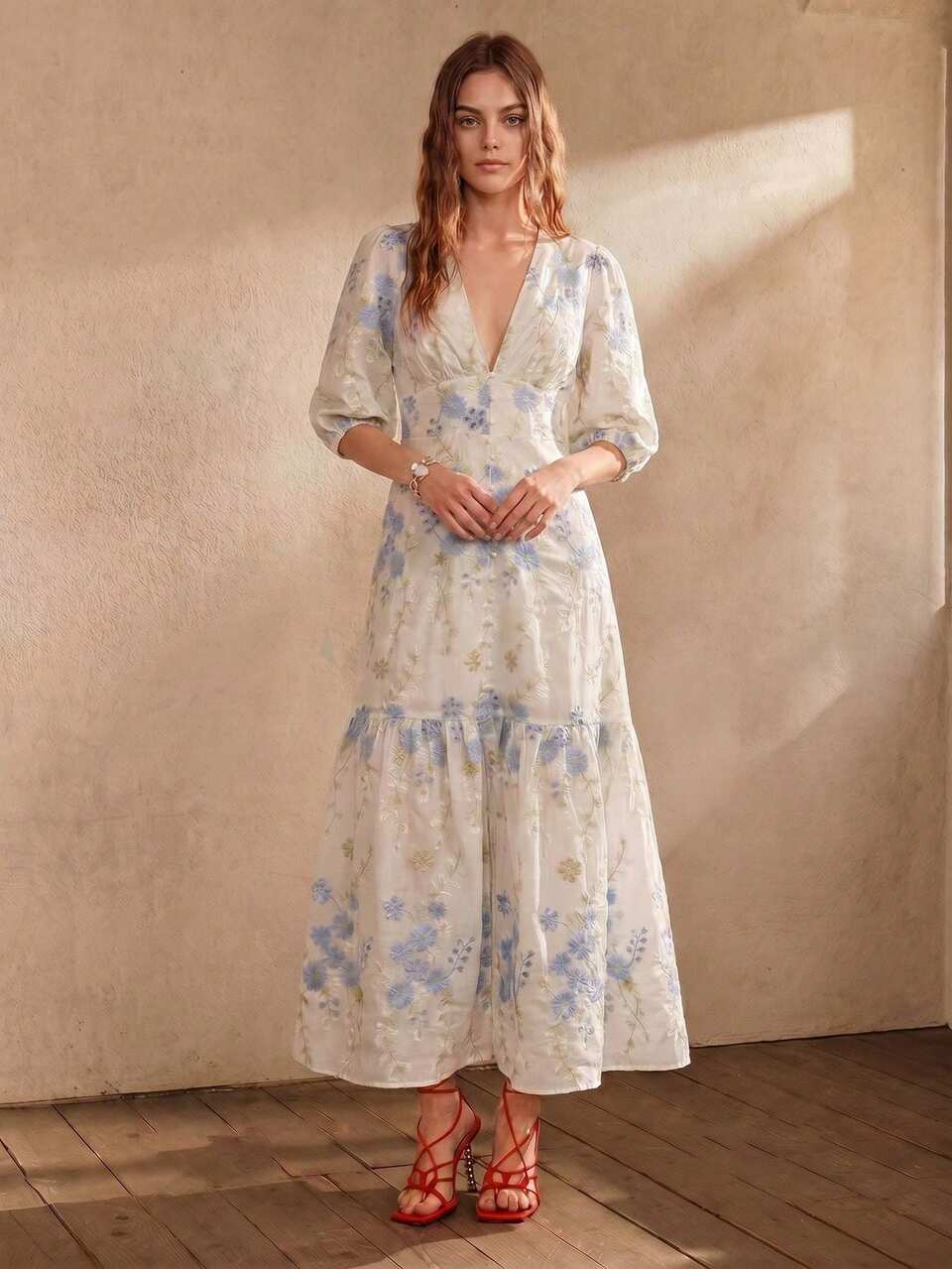 Anewsta Women's Summer Outfit Blue And White Floral Embroidered V-Neck Puff Sleeve Elegant Long Dress, Suitable For Dating, Parties, Banquets