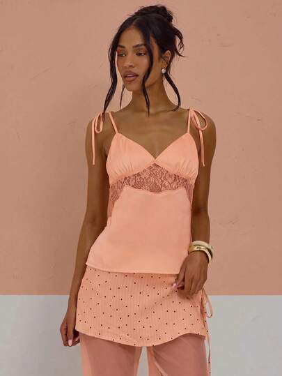 MUSERA V Triangle Sheer Lace Underbust Panel Satin Tie Back Cami Top Sexy Cute Spring Summer Holiday Vacation Going Out Girly Cool Girl Late Checkout