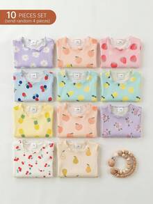 SHEIN Bộ 4 món áo liền quần tay ngắn dệt kim hình thỏ hoạt hình và hoa dễ thương cho bé gái sơ sinh, thích hợp cho mùa hè. - Nhiều màu - Xem 4