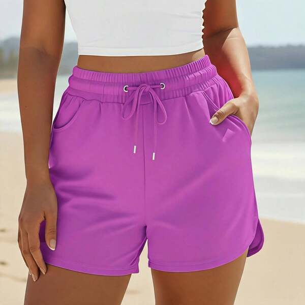 Pantalones de playa de color liso a la moda para mujer con cordón elástico para ocio junto al mar