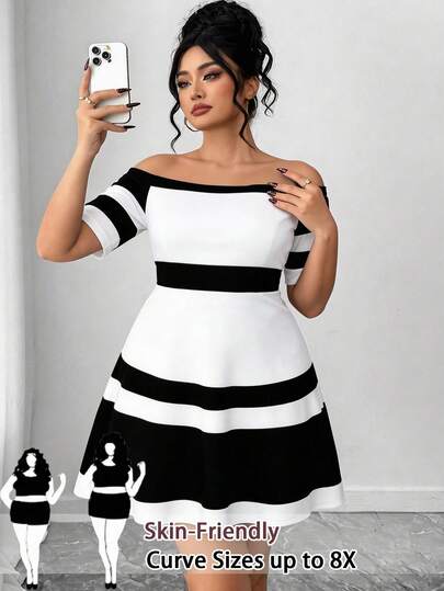 SHEIN CURVE+ Vestido midi de línea A con hombros descubiertos y mangas cortas, elegante retro a rayas blanco y negro, talla grande, atuendo para invitada de boda de verano y despedida de soltera