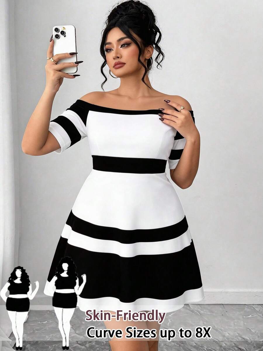 SHEIN CURVE+ Plus Size Black And White Elegant Casual Retro Striped Off-Shoulder Short-Sleeved A-Line Midi Dress Summer Wedding Formal Wedding Guest Bridal Shower - Black and White - View 1
