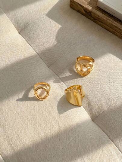 Resyla (Juego de 3 piezas) Anillo de apertura redonda exagerada estilo punk con brillo, anillo de superficie curva geométrica y anillo cruzado geométrico con brillo. Conjunto de anillos geométricos de diseño europeo y americano INS, adecuados para uso diario de mujeres, varios regalos de vacaciones, temporada de graduación, regalos para estudiantes, regalos de regreso a clases y regalos para maestros. Joyas de anillo grueso que conservan el color