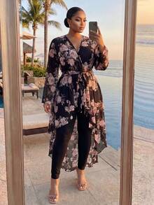 SHEIN Lady CURVE 大尺碼休閒優雅不對稱下擺滿版印花襯衫，秋季婚禮賓客度假晚餐黑色 - 彩色 - 查看 1