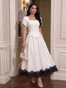 Modelyn 女士方领花瓣短袖上衣和迷你裙优雅两件套 - 白色 - 查看 7