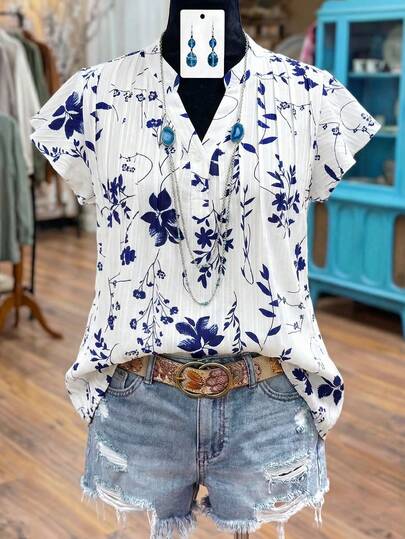 SHEIN LUNE CURVE Camisa de manga corta con estampado de plantas para mujer de talla grande