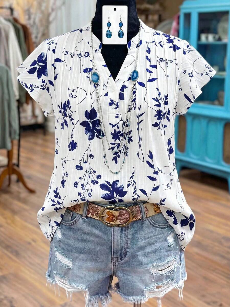 SHEIN LUNE CURVE Plus Size Women Plant Print Cap Sleeve Shirt - Multicolor - View 1