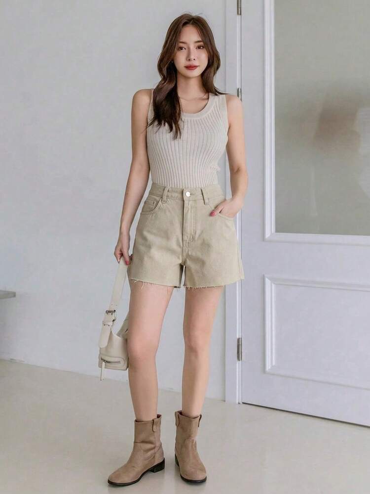 Women's Casual Loose Frayed Hem Denim Shorts, Street Style Vacation Vibe, Spring & Summer