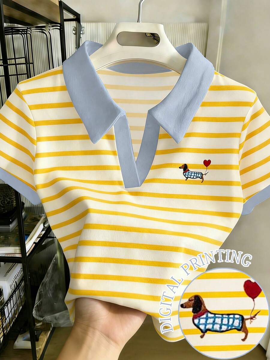 Resyla 女士夏季休闲条纹 Polo 领短袖 T 恤 / 腊肠犬印花 - 彩色 - 查看 1